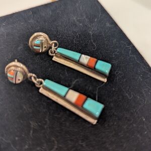 Inlaid TurquoiseMotherofPearl Coral and Silver Earrings Made ByRaylan&Patty. Eda